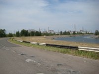 IMG 6963  In the middle the Nuclear Power Plant of Chernobyl. Left is the new Sarcophagus, which will be placed over Reactor 4.